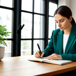 A focused professional, fully clothed in a modest, elegant blazer and smart trousers, quietly engaging in reflective journaling at a clean, minimalist wooden desk. Soft natural light streams through a large window, illuminating the peaceful modern office interior with subtle green plants in the background. The individual's pose is natural and contemplative, with well-formed hands holding a pen. The scene conveys a sense of calm self-discovery and inner clarity. professional photography, high quality, perfect anatomy, correct proportions, natural pose, well-formed hands, proper finger count, natural body proportions, safe for work, appropriate content, fully clothed, modest, family-friendly.