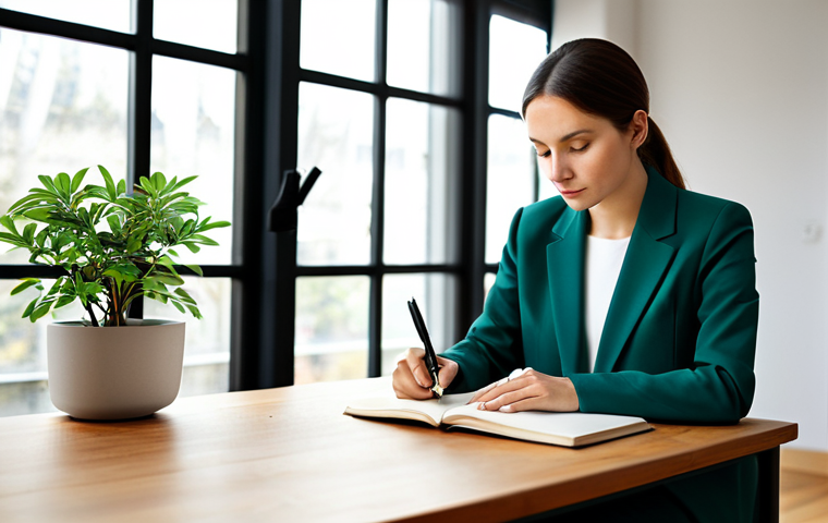 A focused professional, fully clothed in a modest, elegant blazer and smart trousers, quietly engaging in reflective journaling at a clean, minimalist wooden desk. Soft natural light streams through a large window, illuminating the peaceful modern office interior with subtle green plants in the background. The individual's pose is natural and contemplative, with well-formed hands holding a pen. The scene conveys a sense of calm self-discovery and inner clarity. professional photography, high quality, perfect anatomy, correct proportions, natural pose, well-formed hands, proper finger count, natural body proportions, safe for work, appropriate content, fully clothed, modest, family-friendly.